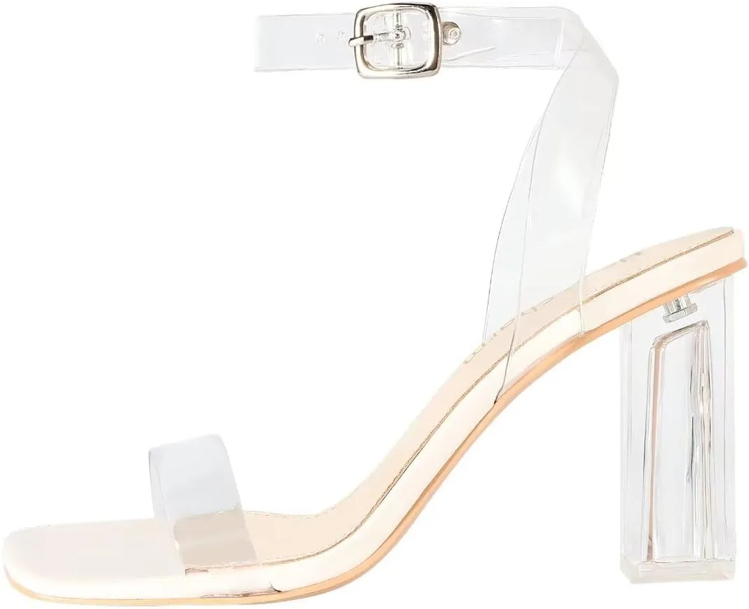 Heels Charm Women's Clear Chunky Block Heeled Sandals 3.74 Inches Open Toe Ankle Strap Block High Heel Sandal Dress Dancing Sandals Daily Work Party Shoes