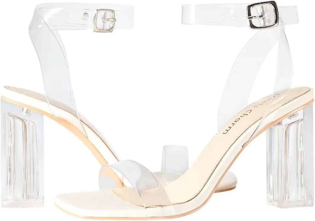 Heels Charm Women's Clear Chunky Block Heeled Sandals 3.74 Inches Open Toe Ankle Strap Block High Heel Sandal Dress Dancing Sandals Daily Work Party Shoes