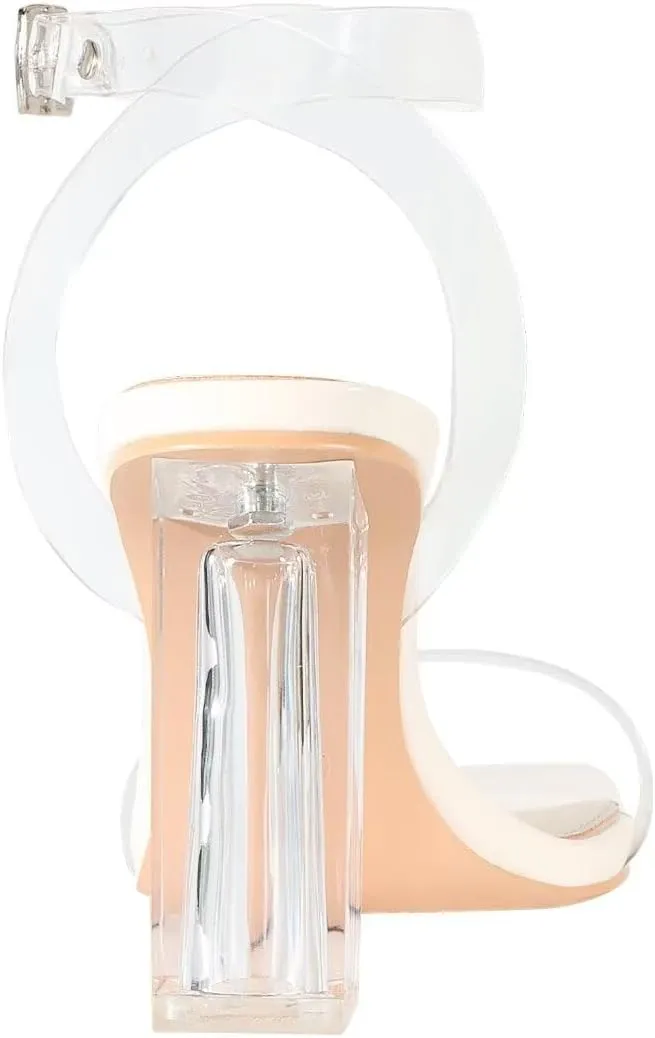 Heels Charm Women's Clear Chunky Block Heeled Sandals 3.74 Inches Open Toe Ankle Strap Block High Heel Sandal Dress Dancing Sandals Daily Work Party Shoes
