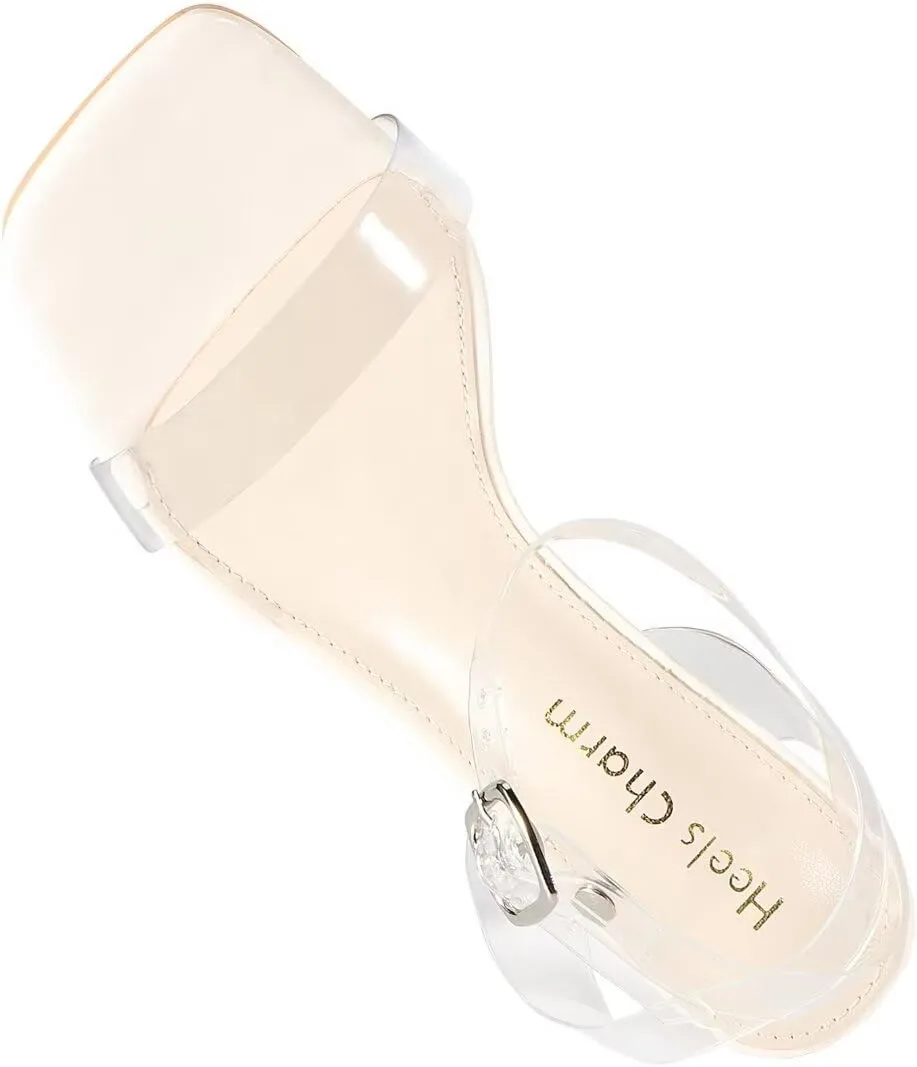 Heels Charm Women's Clear Chunky Block Heeled Sandals 3.74 Inches Open Toe Ankle Strap Block High Heel Sandal Dress Dancing Sandals Daily Work Party Shoes