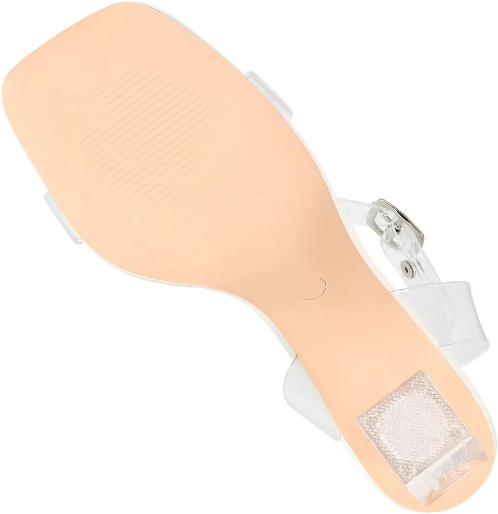 Heels Charm Women's Clear Chunky Block Heeled Sandals 3.74 Inches Open Toe Ankle Strap Block High Heel Sandal Dress Dancing Sandals Daily Work Party Shoes