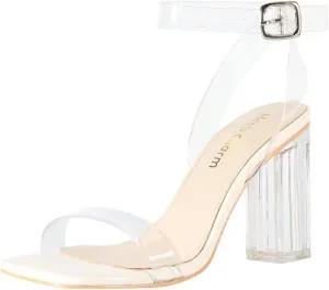 Heels Charm Women's Clear Chunky Block Heeled Sandals 3.74 Inches Open Toe Ankle Strap Block High Heel Sandal Dress Dancing Sandals Daily Work Party Shoes