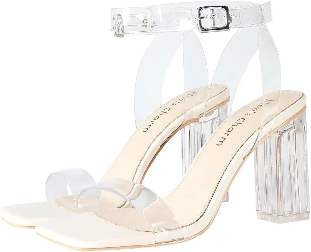 Heels Charm Women's Clear Chunky Block Heeled Sandals 3.74 Inches Open Toe Ankle Strap Block High Heel Sandal Dress Dancing Sandals Daily Work Party Shoes