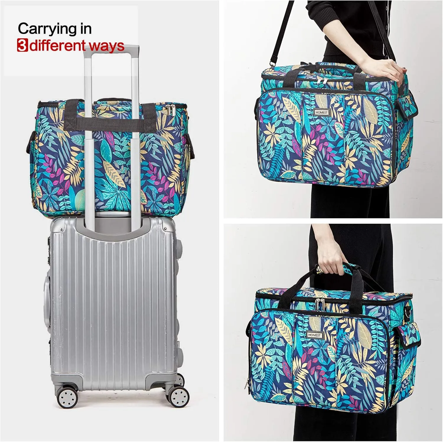 HOMEST Sewing Machine Carrying Case with Multiple Storage Pockets, Universal Tote Bag with Shoulder Strap Compatible with Most Standard Singer, Brother, Janome, Floral (Patent Design)