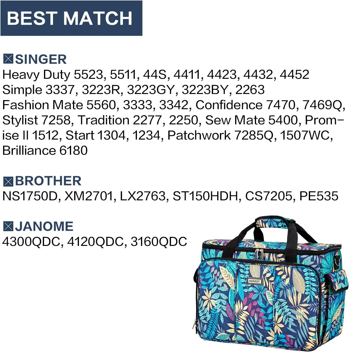 HOMEST Sewing Machine Carrying Case with Multiple Storage Pockets, Universal Tote Bag with Shoulder Strap Compatible with Most Standard Singer, Brother, Janome, Floral (Patent Design)