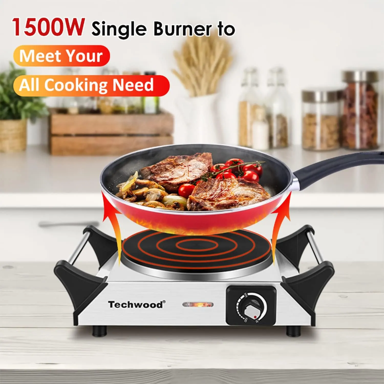 Hot Plate, Techwood Single Burner for Cooking, 1500W Countertop Electric Stove with Adjustable Temperature & Stay Cool Handles, 7.5" Cooktop for RV/Home, Upgraded Version Silver