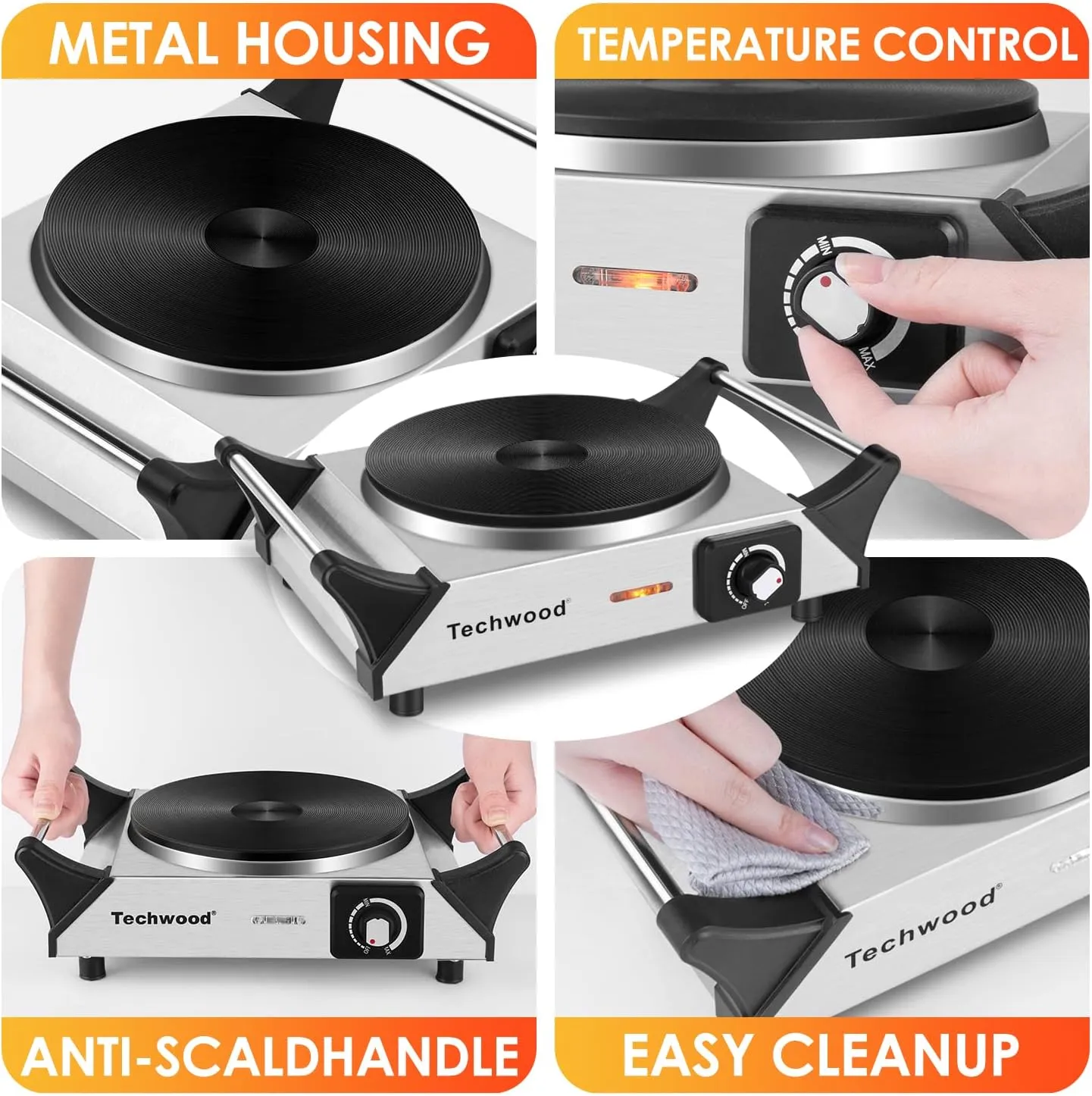 Hot Plate, Techwood Single Burner for Cooking, 1500W Countertop Electric Stove with Adjustable Temperature & Stay Cool Handles, 7.5" Cooktop for RV/Home, Upgraded Version Silver