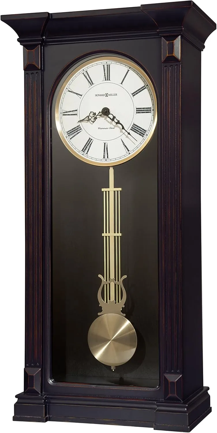 Howard Miller Mia Wall Clock, Analog Display Brown Unique Style Swinging Pendulum Clocks with Black Finished | White Dial Quartz Movement Perfect for Bedroom, Home Decor and Office