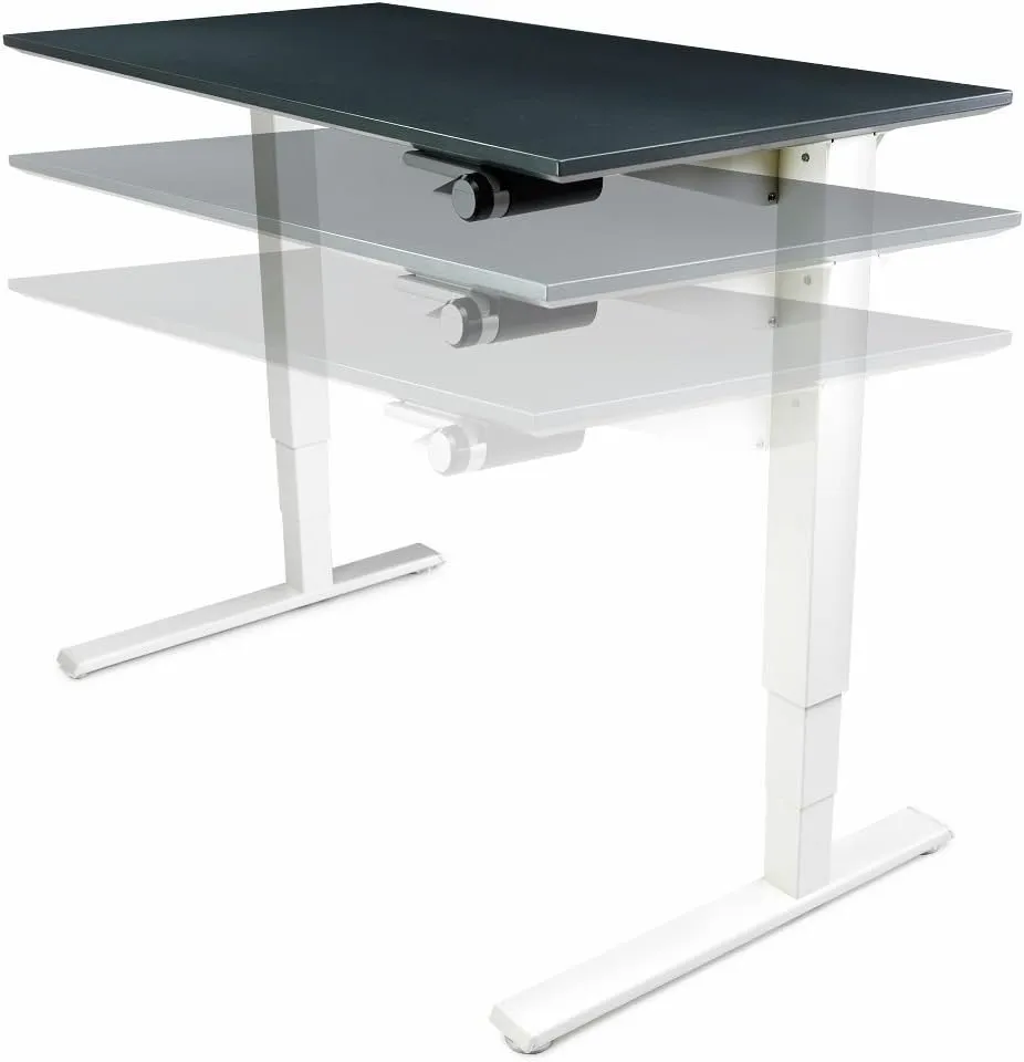 Humanscale Home Office Float Desk l Height-Adjustable Table l Silver Base on White Top with Flat Edge Finish l 24" D x 48" W