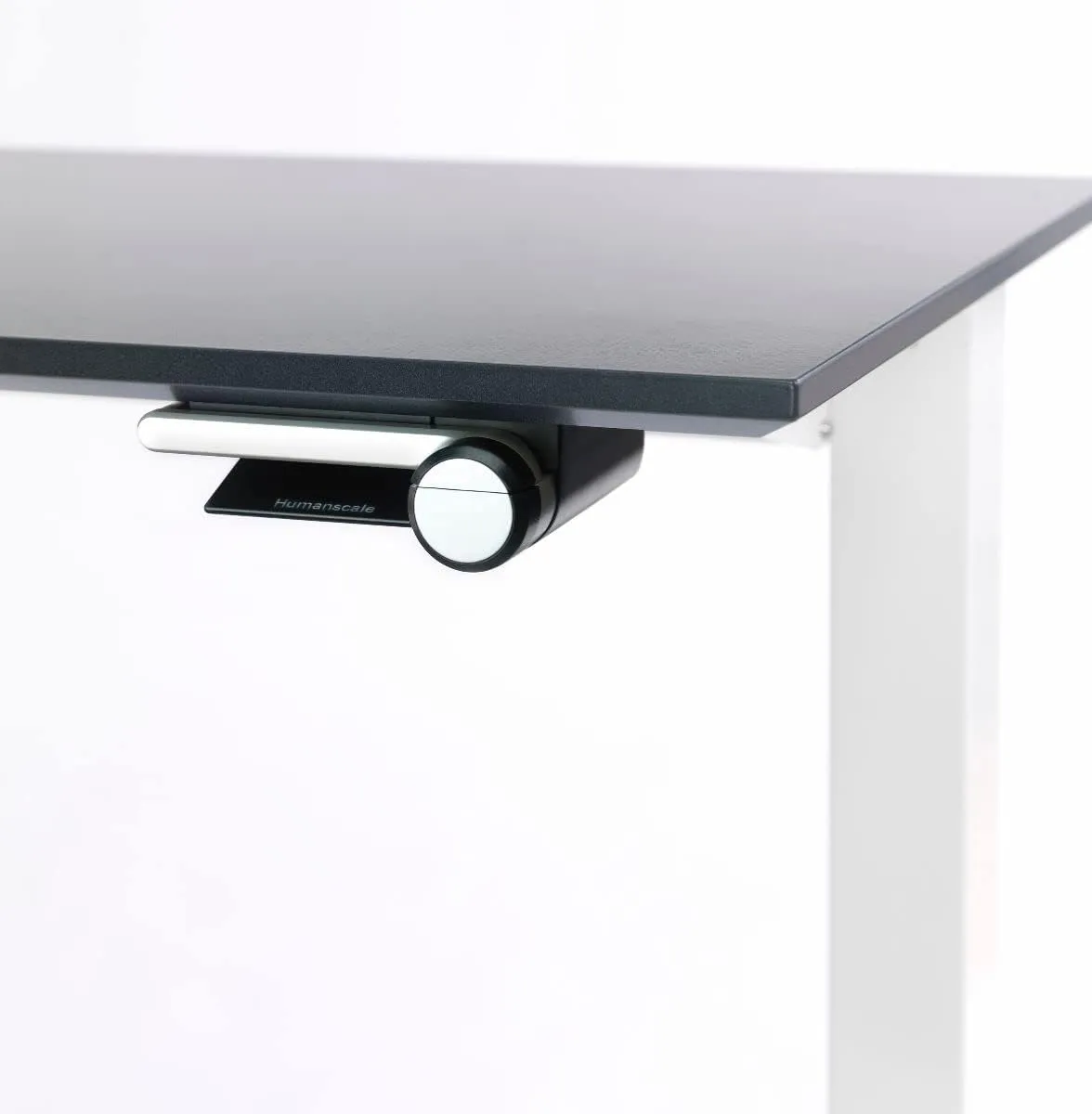 Humanscale Home Office Float Desk l Height-Adjustable Table l Silver Base on White Top with Flat Edge Finish l 24" D x 48" W