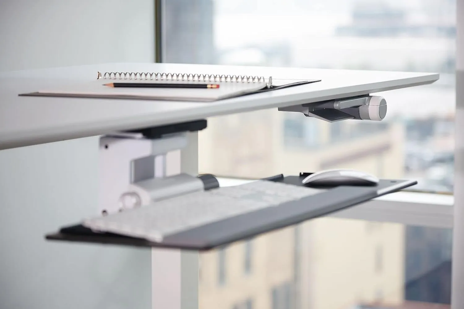 Humanscale Home Office Float Desk l Height-Adjustable Table l Silver Base on White Top with Flat Edge Finish l 24" D x 48" W