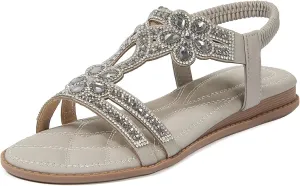 iCKER Women Rhinestone Sandals T-Strap Buckle Bohemian Pearl Crystal Flat Sandals