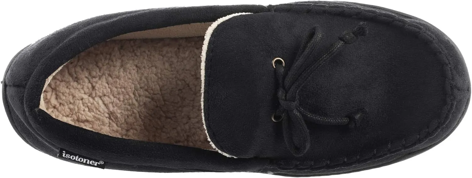 Isotoner Men's Microsuede Moccasin Slippers - Men’s Indoor and Outdoor Sole Slippers, Features Memory Foam for a Customer Fit and Arch Support for All-Day Comfort, Machine Washable