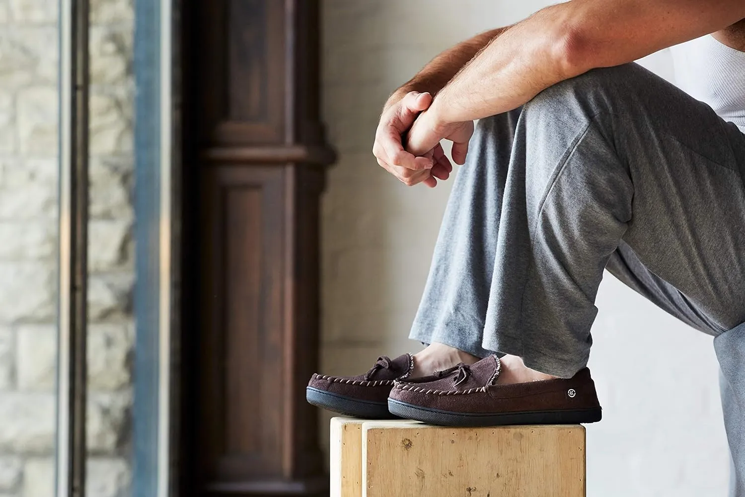 Isotoner Men's Microsuede Moccasin Slippers - Men’s Indoor and Outdoor Sole Slippers, Features Memory Foam for a Customer Fit and Arch Support for All-Day Comfort, Machine Washable