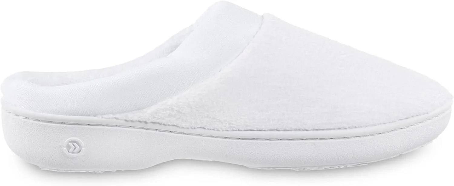 isotoner Women's Terry and Satin Slip on Cushioned Slipper with Memory Foam for Indoor/Outdoor Comfort Flat Sandals