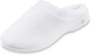 isotoner Women's Terry and Satin Slip on Cushioned Slipper with Memory Foam for Indoor/Outdoor Comfort Flat Sandals