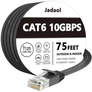 Jadaol Cat 6 Ethernet Cable 75 ft, Outdoor & Indoor 10Gbps Support Cat8 Cat7 Network, Flat RJ45 Internet LAN Computer Patch Cable for Router, Modem, Switch, Gaming Consoles, Streaming Devices, Black