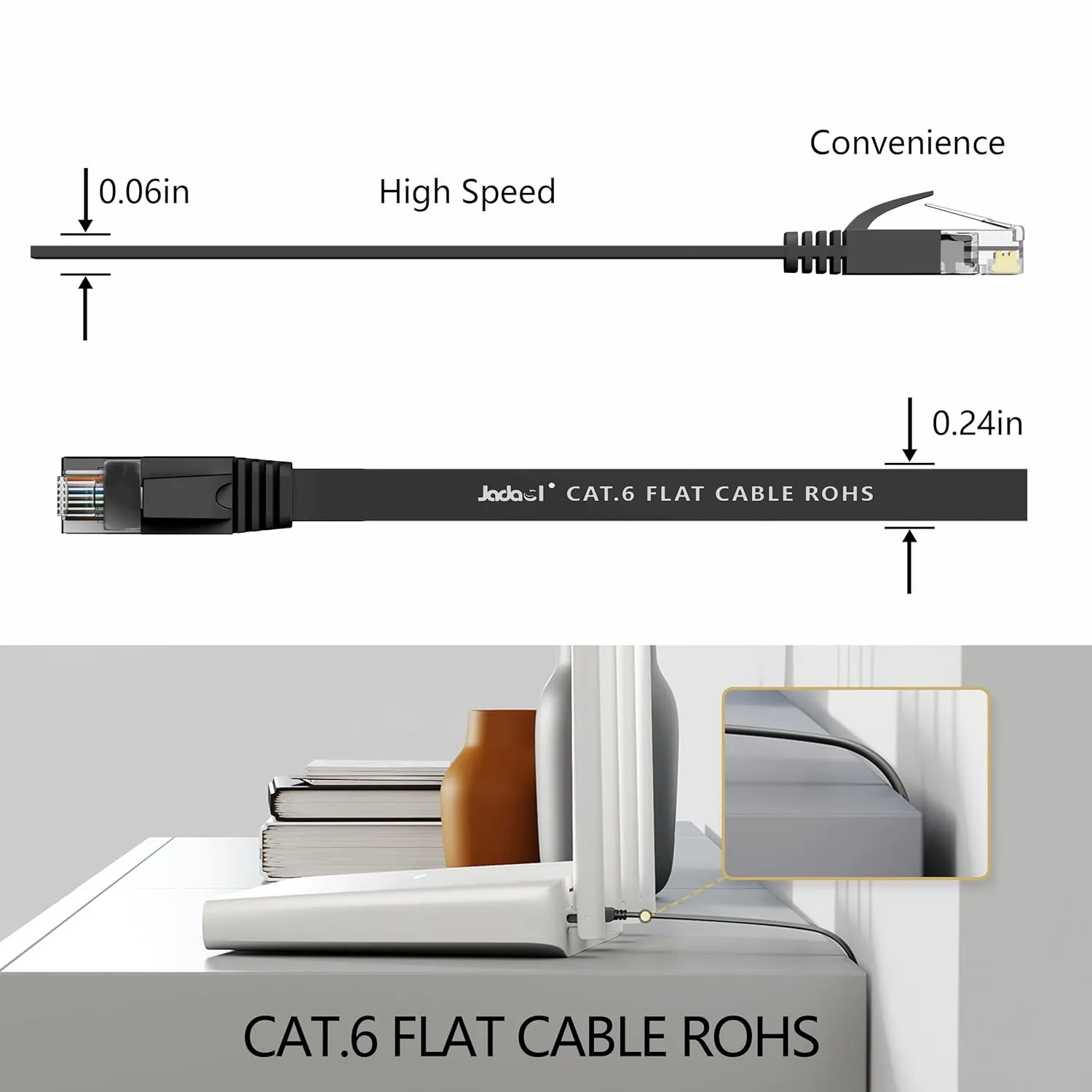 Jadaol Cat 6 Ethernet Cable 75 ft, Outdoor & Indoor 10Gbps Support Cat8 Cat7 Network, Flat RJ45 Internet LAN Computer Patch Cable for Router, Modem, Switch, Gaming Consoles, Streaming Devices, Black