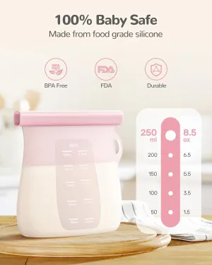 JellyRuru 7 PCS Reusable Breast Milk Storage Bags, 8.5oz 250ml Standard Silicone Breastmilk Freezer Storage Container, Leak-Proof & Self-Standing Milk Bags, Baby Food Bags