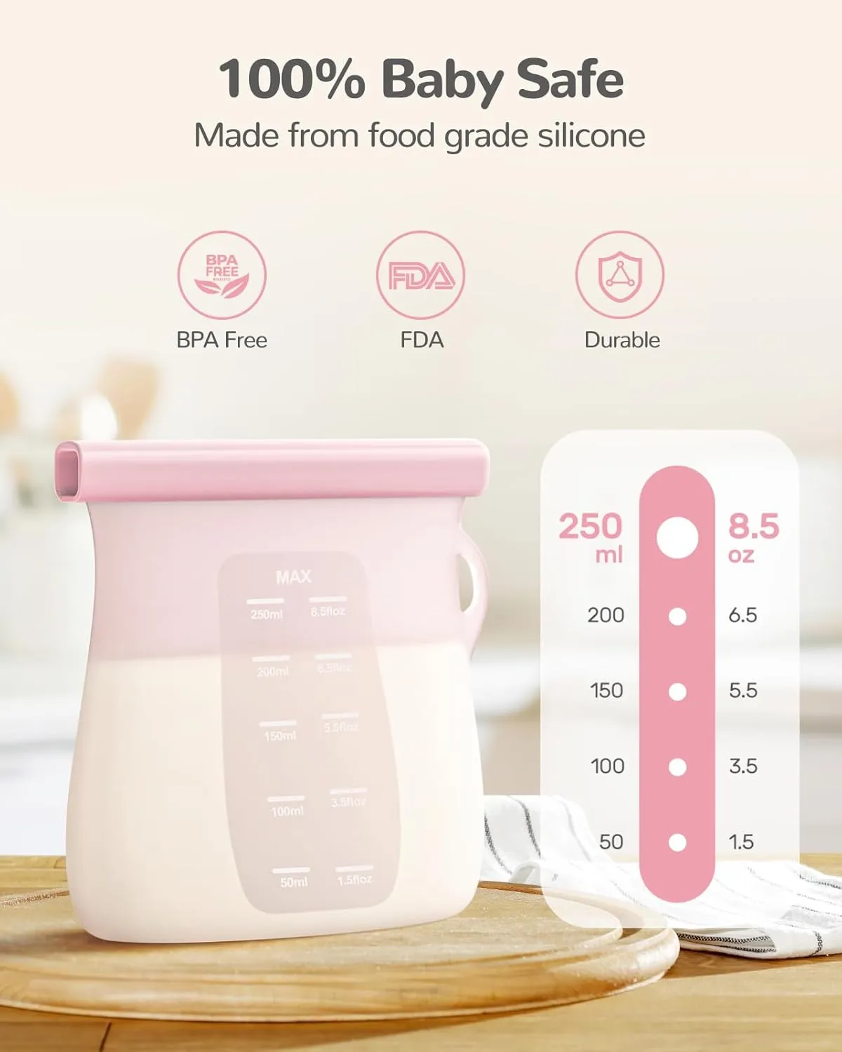 JellyRuru 7 PCS Reusable Breast Milk Storage Bags, 8.5oz 250ml Standard Silicone Breastmilk Freezer Storage Container, Leak-Proof & Self-Standing Milk Bags, Baby Food Bags