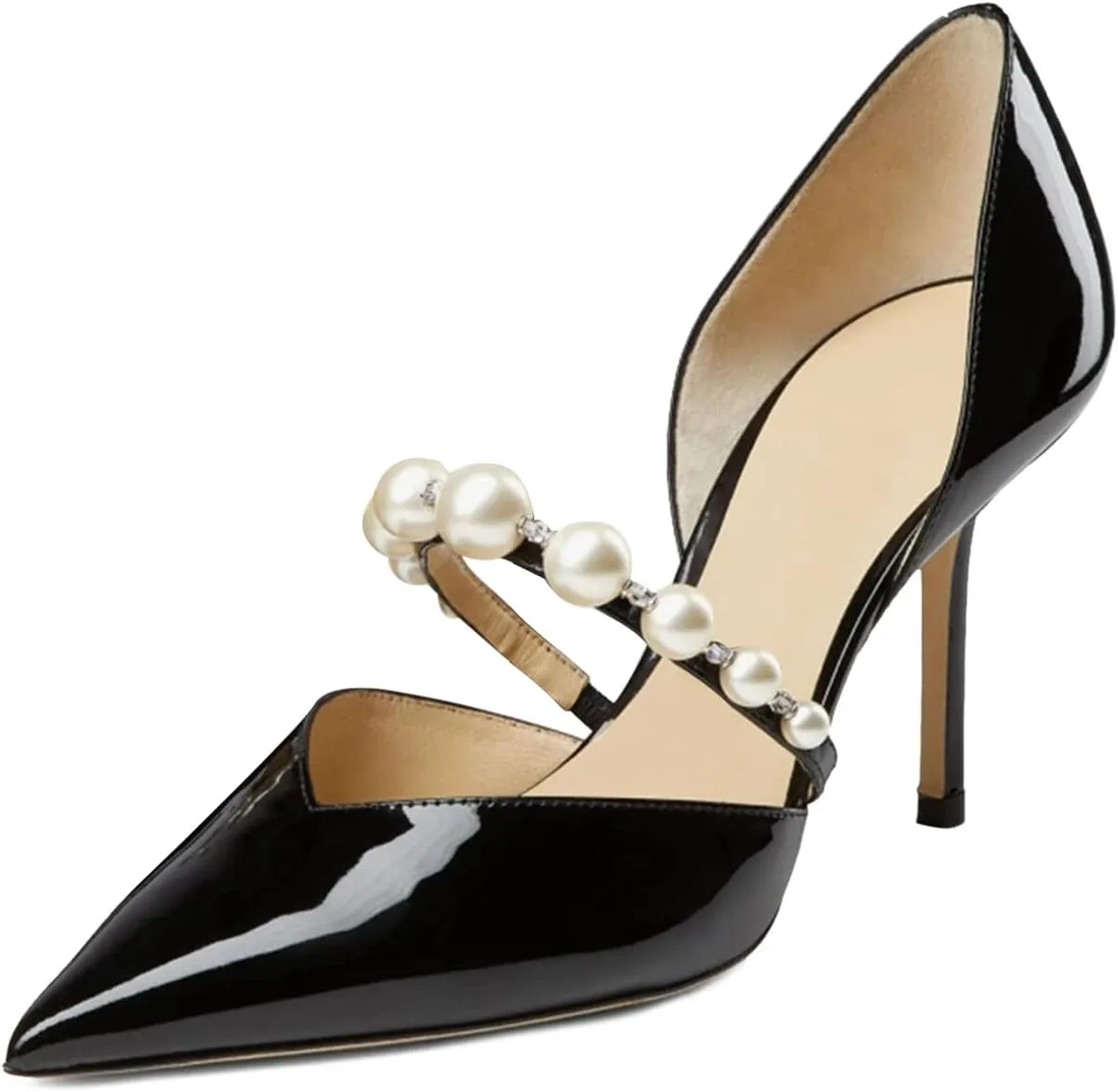 JiaBinji Women Pearl Heels Strappy Sandals Pointed Toe Backless Stiletto Slip On Pumps Dress Bridal Party Pumps