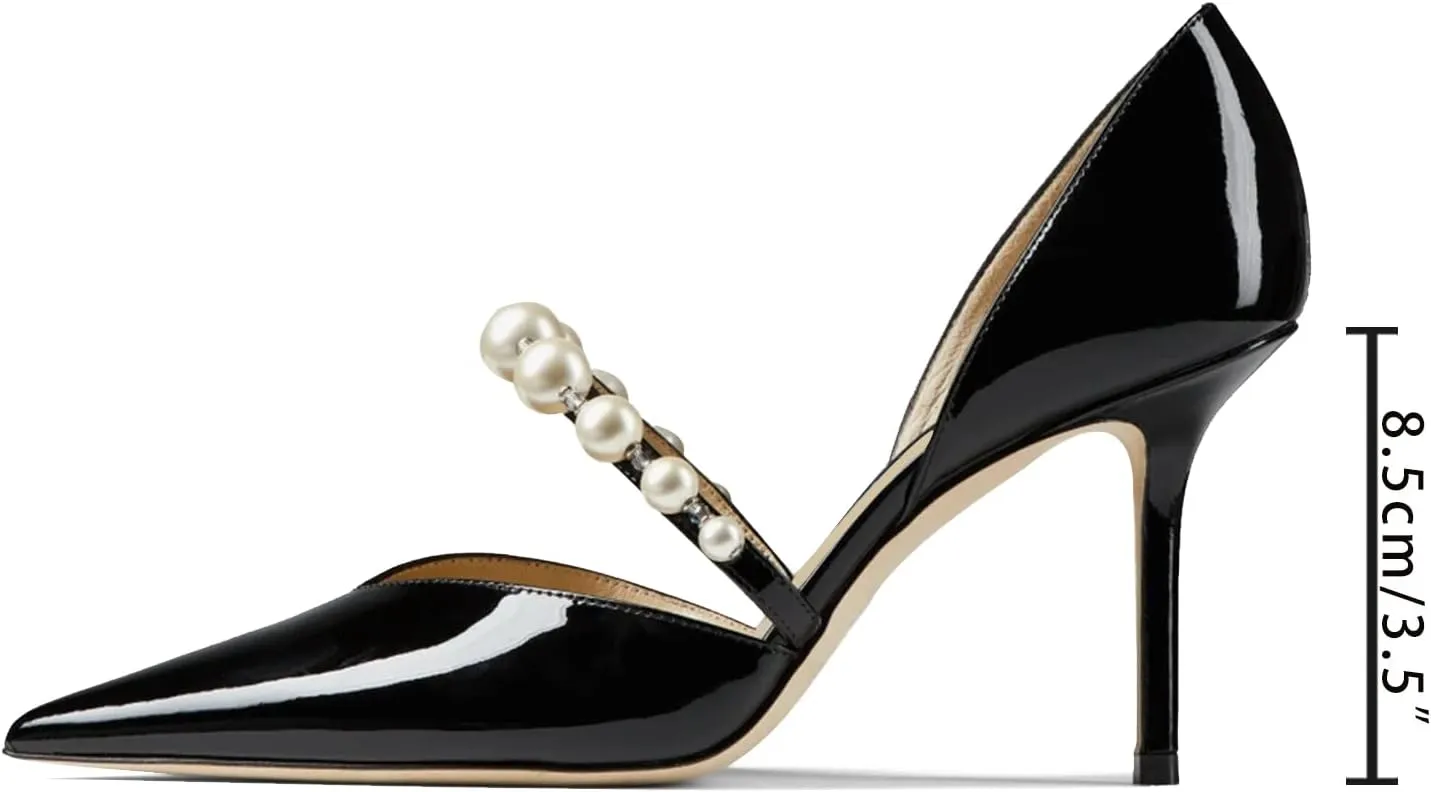 JiaBinji Women Pearl Heels Strappy Sandals Pointed Toe Backless Stiletto Slip On Pumps Dress Bridal Party Pumps