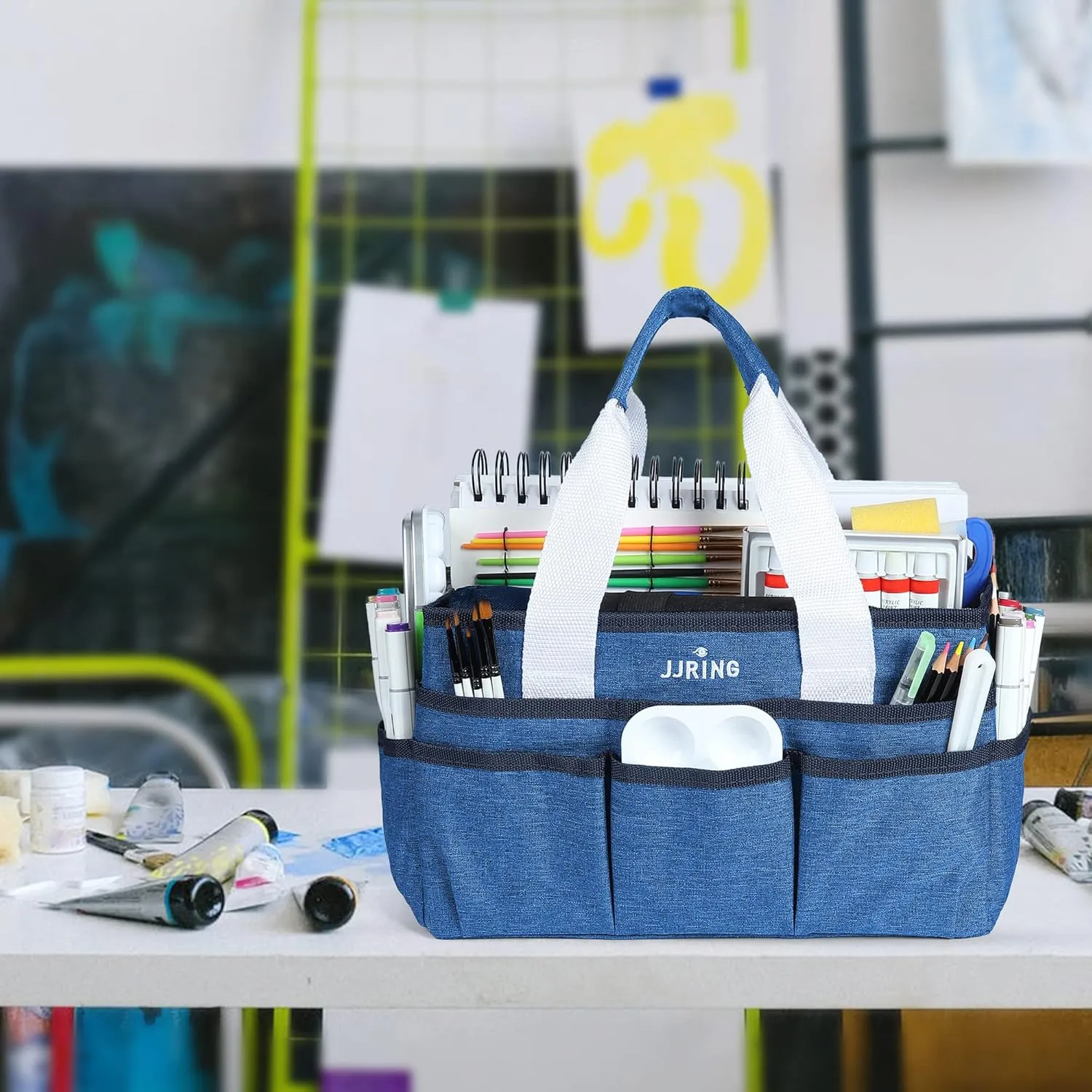 JJRING Craft Organizer Tote Bag, Art Storage Caddy with Multiple Pockets, Blue Sewing Bag for Art, Craft, Scrapbooking, School, Medical, and Office Supplies Storage