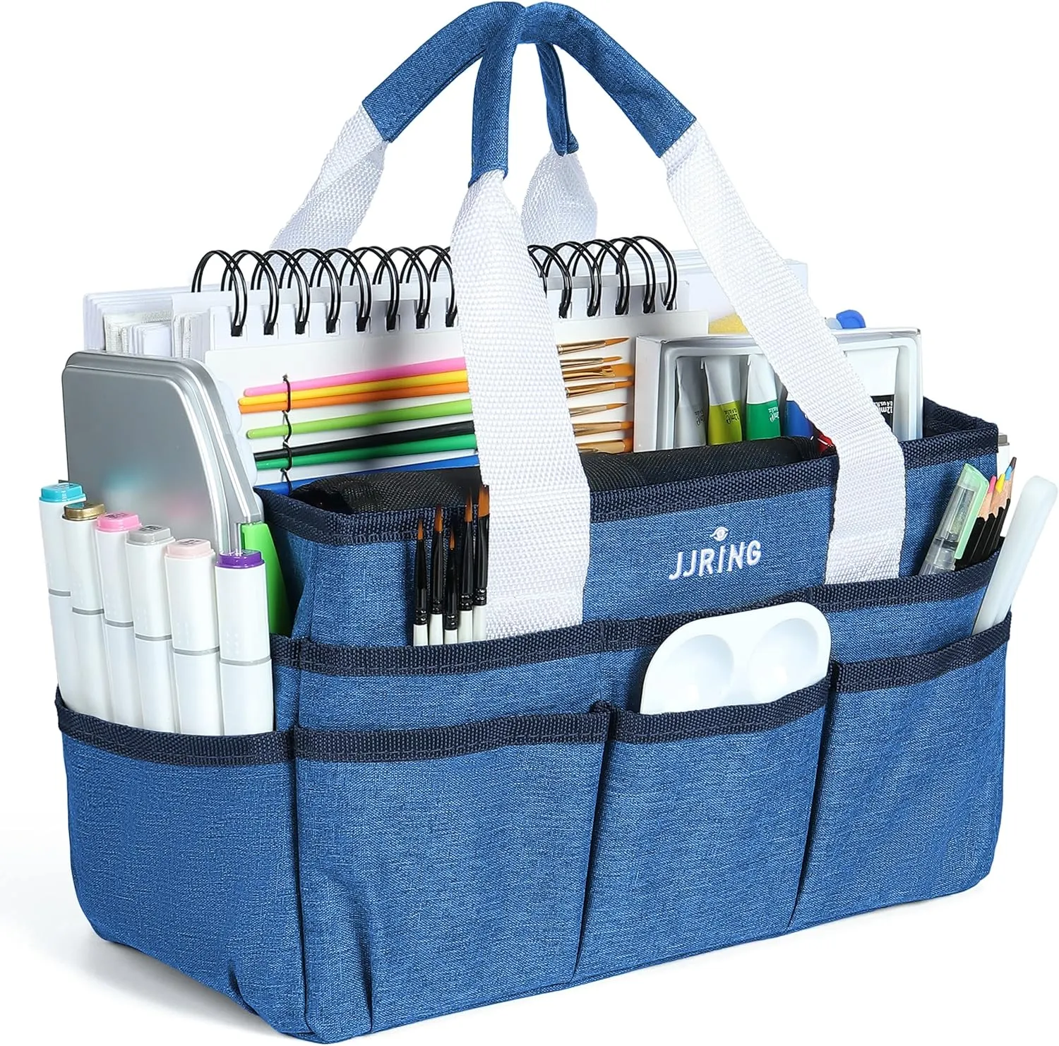 JJRING Craft Organizer Tote Bag, Art Storage Caddy with Multiple Pockets, Blue Sewing Bag for Art, Craft, Scrapbooking, School, Medical, and Office Supplies Storage