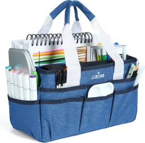 JJRING Craft Organizer Tote Bag, Art Storage Caddy with Multiple Pockets, Blue Sewing Bag for Art, Craft, Scrapbooking, School, Medical, and Office Supplies Storage