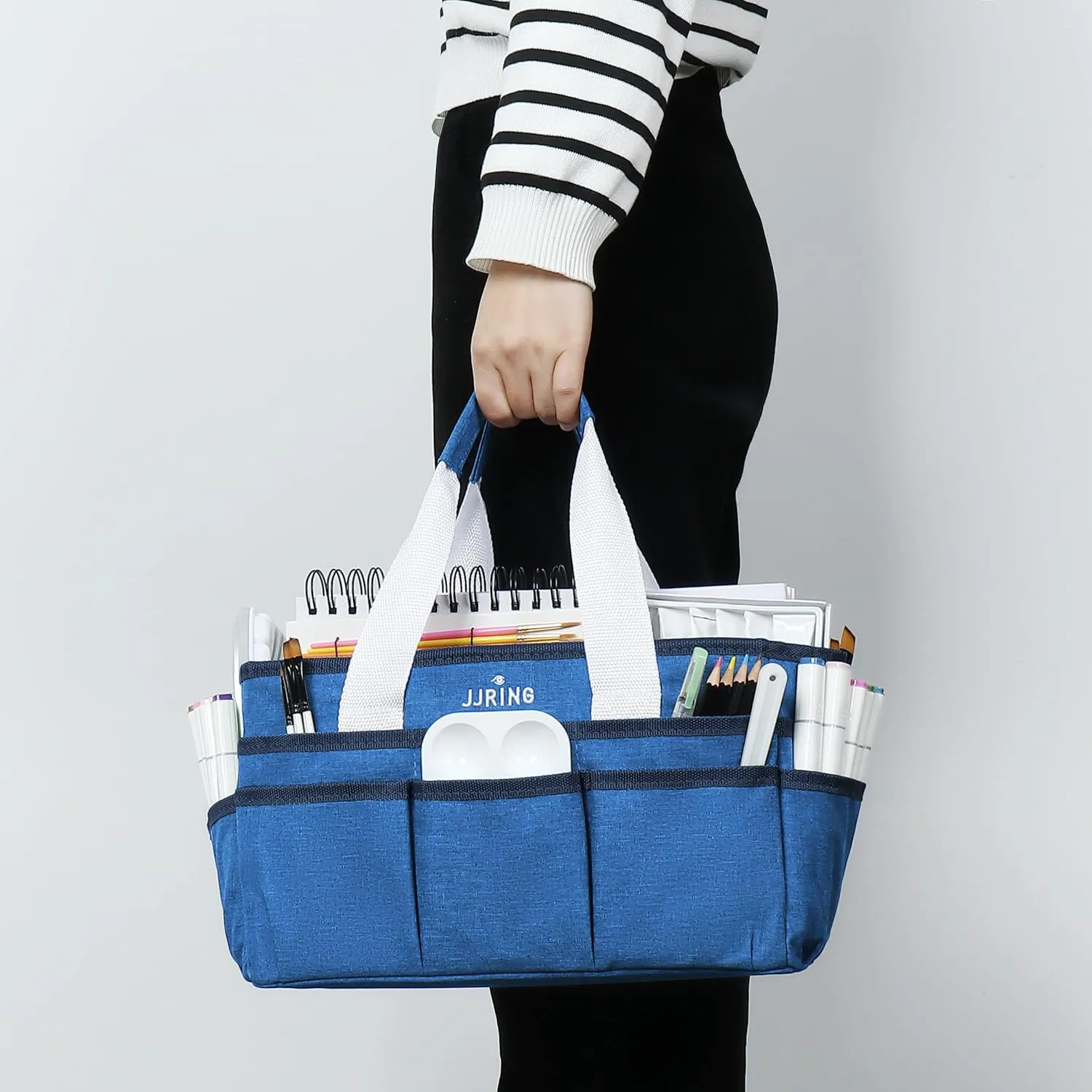 JJRING Craft Organizer Tote Bag, Art Storage Caddy with Multiple Pockets, Blue Sewing Bag for Art, Craft, Scrapbooking, School, Medical, and Office Supplies Storage