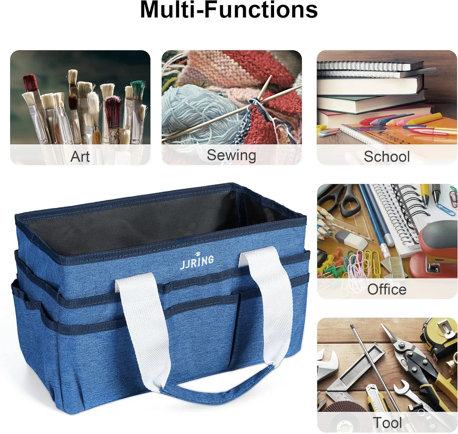 JJRING Craft Organizer Tote Bag, Art Storage Caddy with Multiple Pockets, Blue Sewing Bag for Art, Craft, Scrapbooking, School, Medical, and Office Supplies Storage
