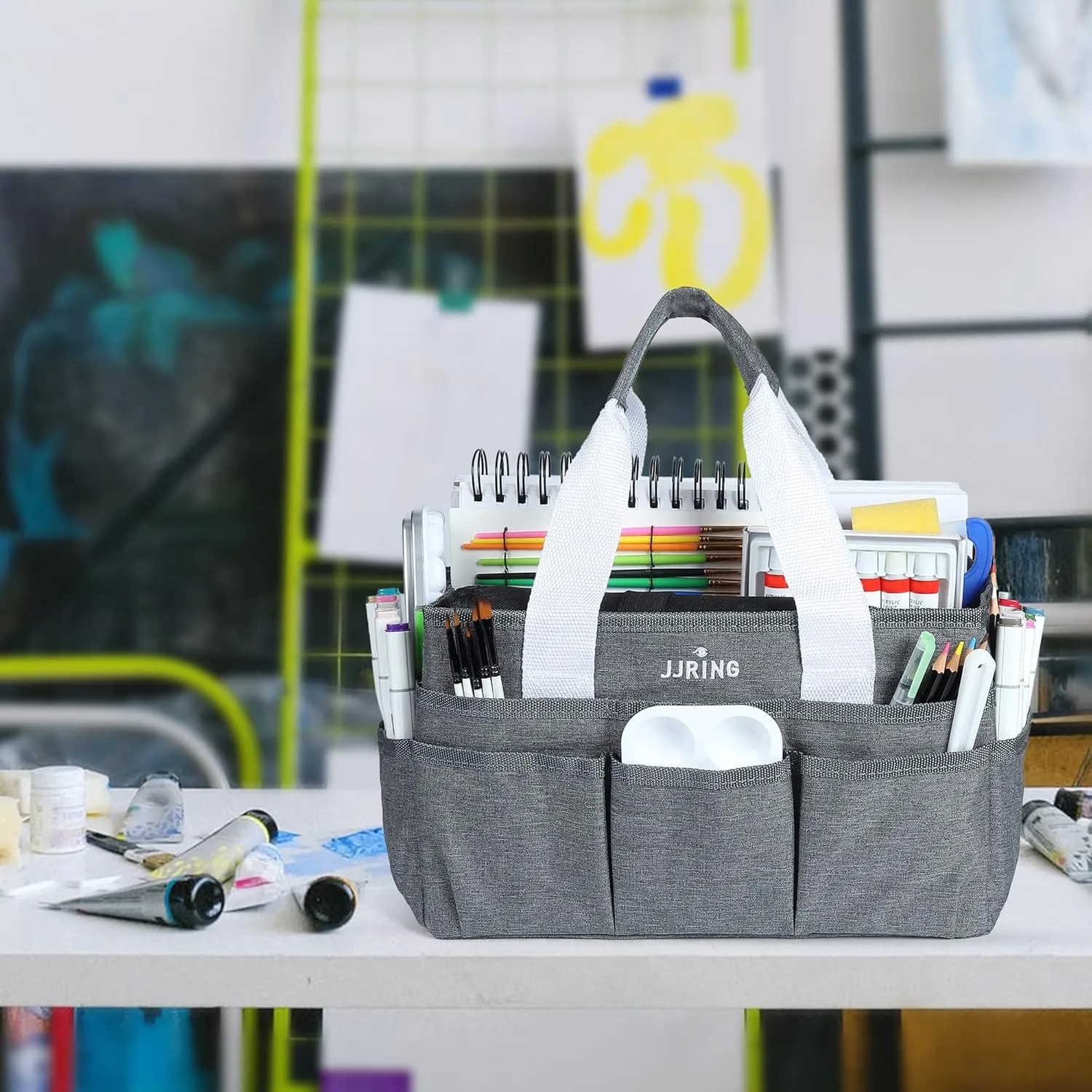 JJRING Craft Organizer Tote Bag, Art Storage Caddy with Multiple Pockets, Grey Sewing Bag for Art, Craft, Scrapbooking, Medical, and Office Supplies Storage