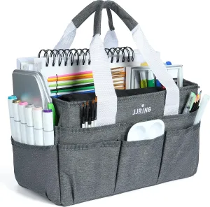JJRING Craft Organizer Tote Bag, Art Storage Caddy with Multiple Pockets, Grey Sewing Bag for Art, Craft, Scrapbooking, Medical, and Office Supplies Storage