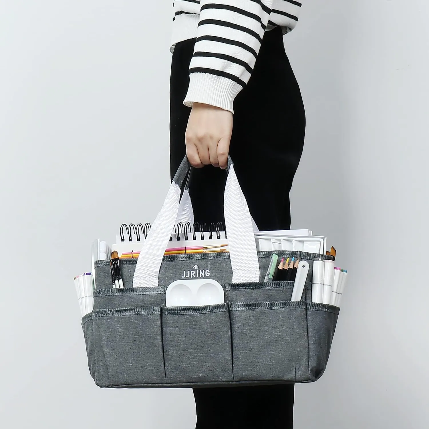JJRING Craft Organizer Tote Bag, Art Storage Caddy with Multiple Pockets, Grey Sewing Bag for Art, Craft, Scrapbooking, Medical, and Office Supplies Storage
