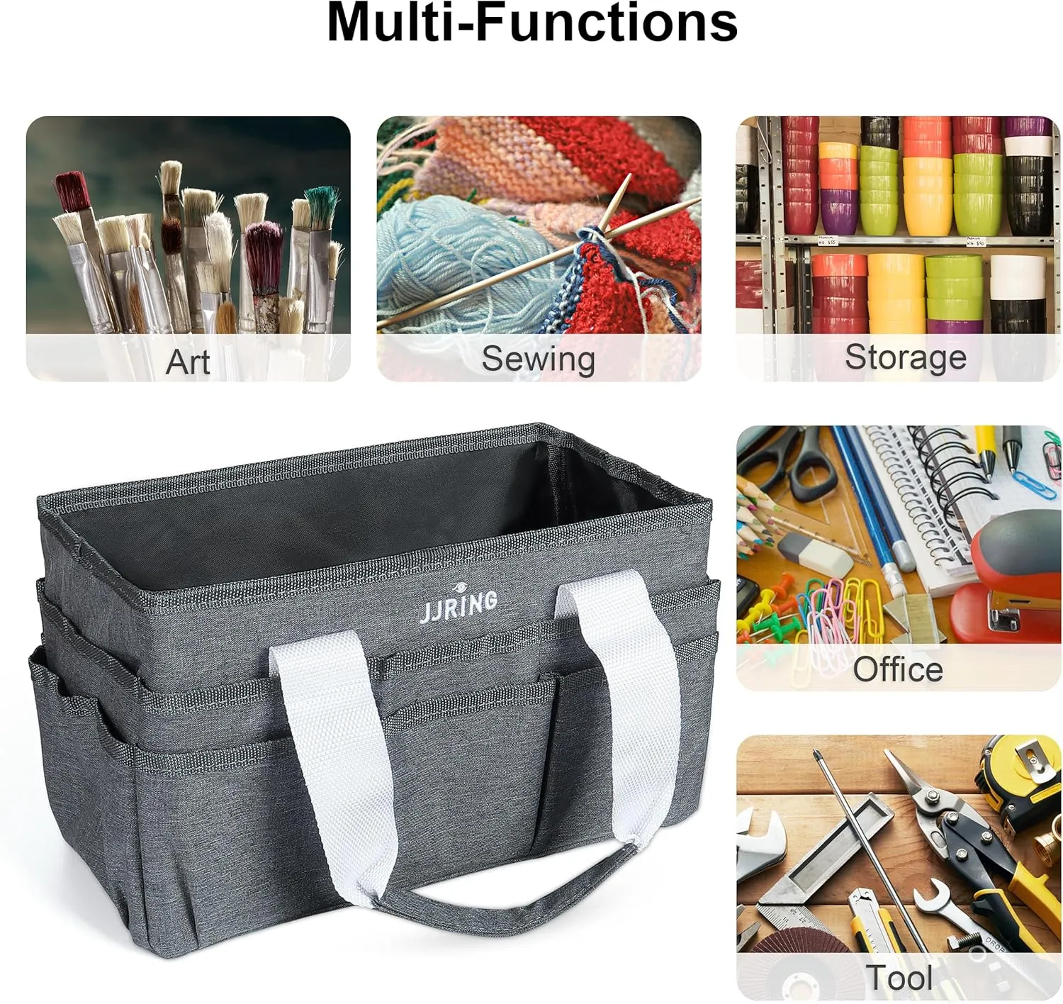 JJRING Craft Organizer Tote Bag, Art Storage Caddy with Multiple Pockets, Grey Sewing Bag for Art, Craft, Scrapbooking, Medical, and Office Supplies Storage