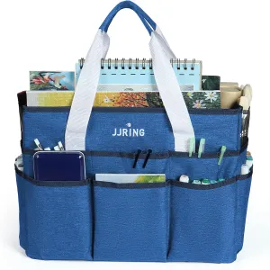 JJRING Craft Organizer Tote Bag, Large Art Storage Caddy with Multiple Pockets, Blue Sewing Bag for Art, Craft, Scrapbooking, Medical, and Office Supplies Storage