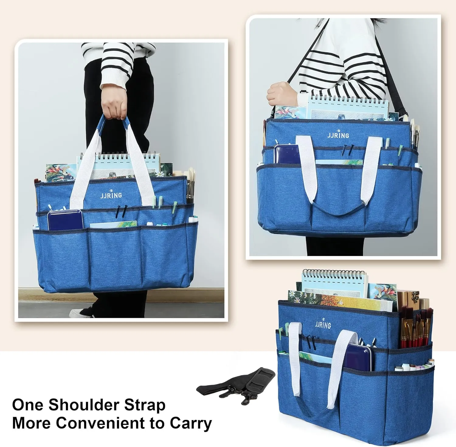 JJRING Craft Organizer Tote Bag, Large Art Storage Caddy with Multiple Pockets, Blue Sewing Bag for Art, Craft, Scrapbooking, Medical, and Office Supplies Storage