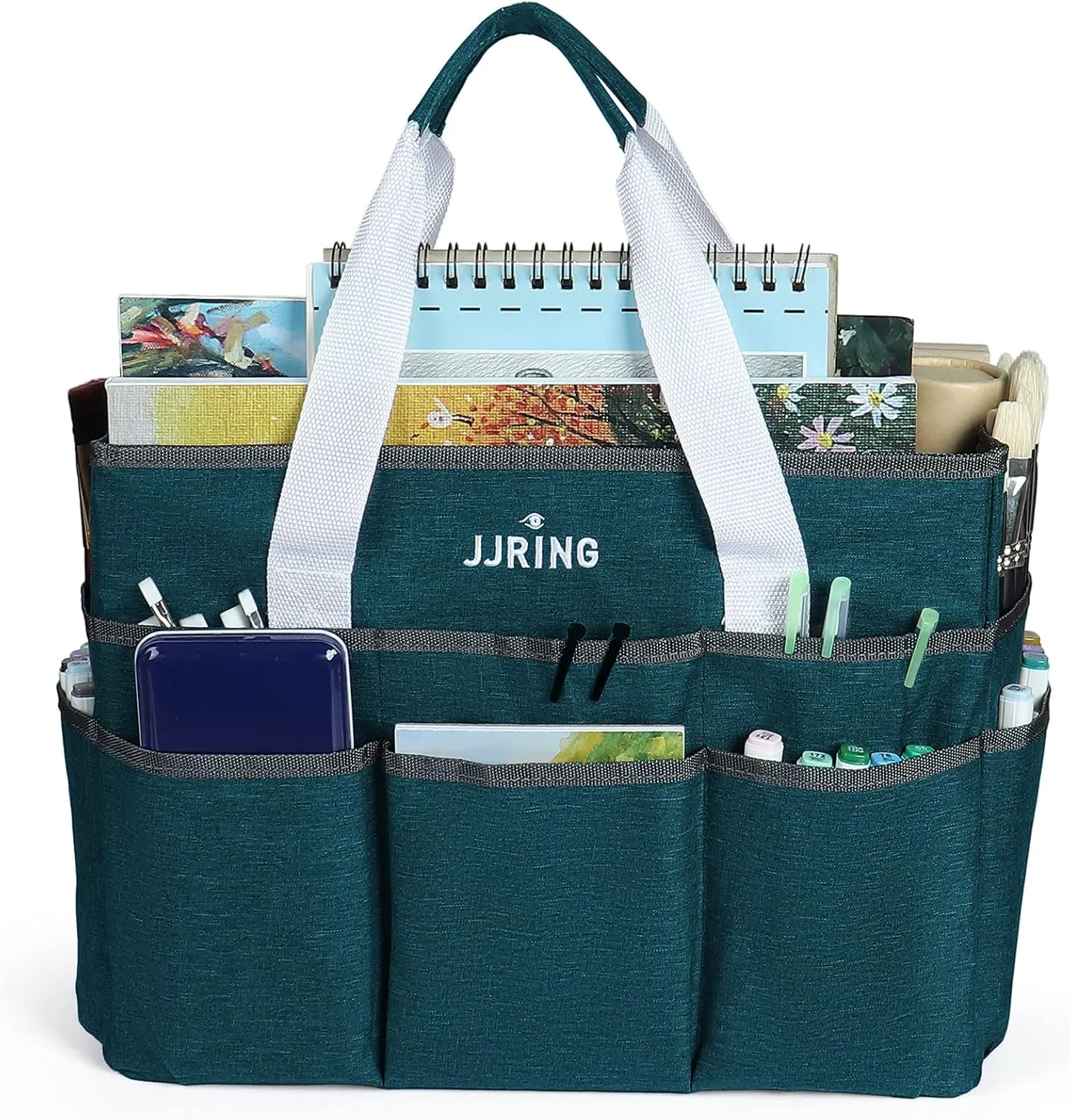 JJRING Craft Organizer Tote Bag, Large Art Storage Caddy with Multiple Pockets, Bluish Green Sewing Bag for Art, Craft, Scrapbooking, School, Medical, and Office Supplies Storage