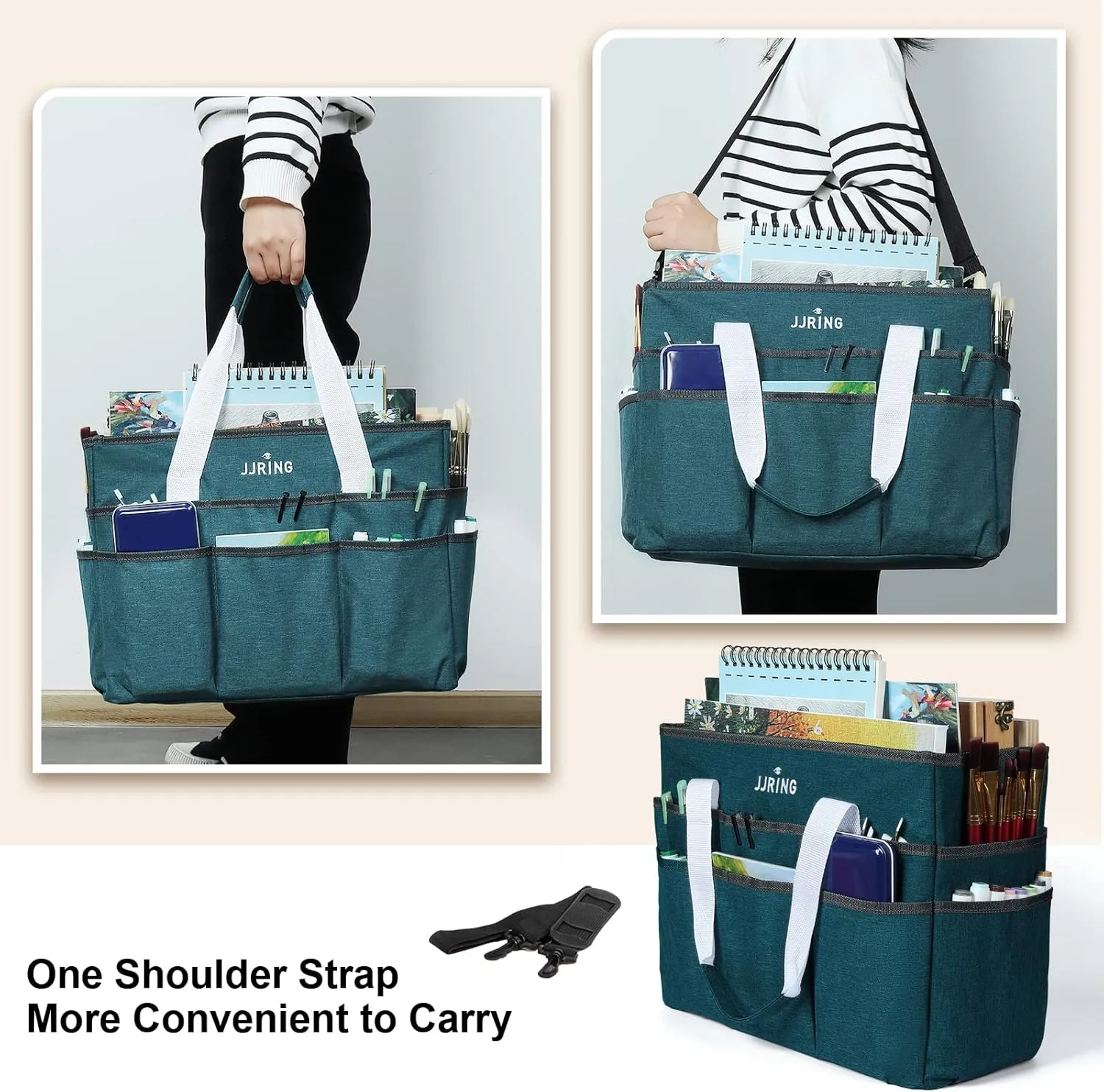 JJRING Craft Organizer Tote Bag, Large Art Storage Caddy with Multiple Pockets, Bluish Green Sewing Bag for Art, Craft, Scrapbooking, School, Medical, and Office Supplies Storage