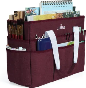 JJRING Craft Organizer Tote Bag, Large Art Storage Caddy with Multiple Pockets, Dark Red Sewing Bag for Art, Craft, Scrapbooking, School, Medical, and Office Supplies Storage