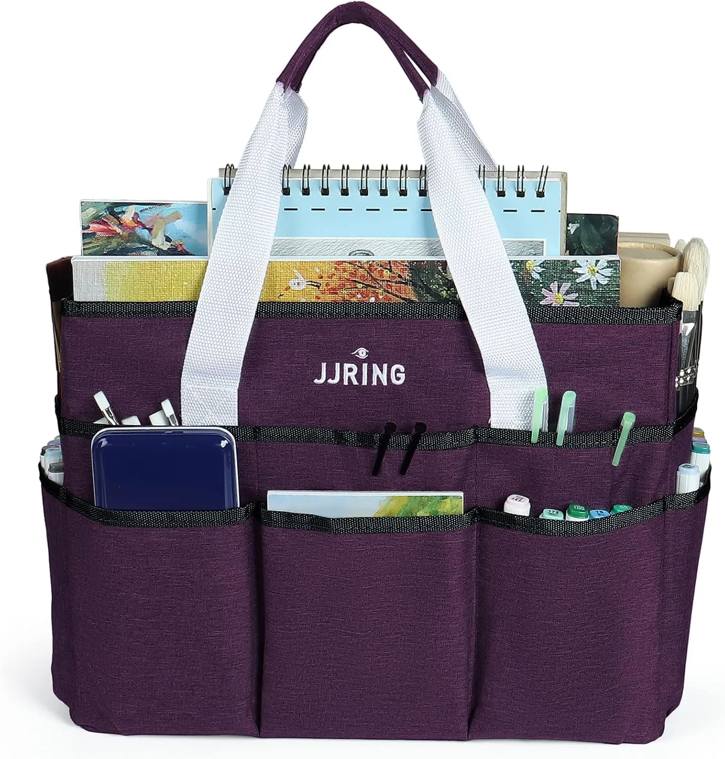 JJRING Craft Organizer Tote Bag, Large Art Storage Caddy with Multiple Pockets, Deep Purple Sewing Bag for Art, Craft, Scrapbooking, Medical, and Office Supplies Storage