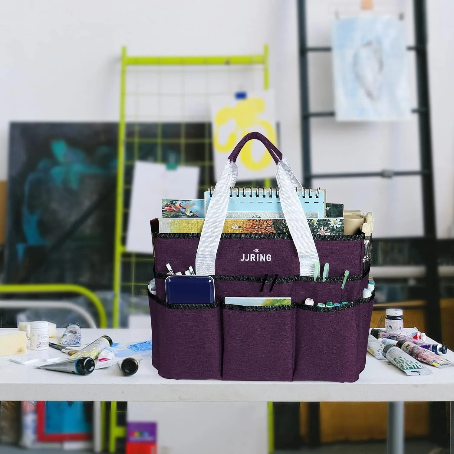 JJRING Craft Organizer Tote Bag, Large Art Storage Caddy with Multiple Pockets, Deep Purple Sewing Bag for Art, Craft, Scrapbooking, Medical, and Office Supplies Storage