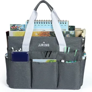 JJRING Craft Organizer Tote Bag, Large Art Storage Caddy with Multiple Pockets, Gray Sewing Bag for Art, Craft, Scrapbooking, School, Medical, and Office Supplies Storage