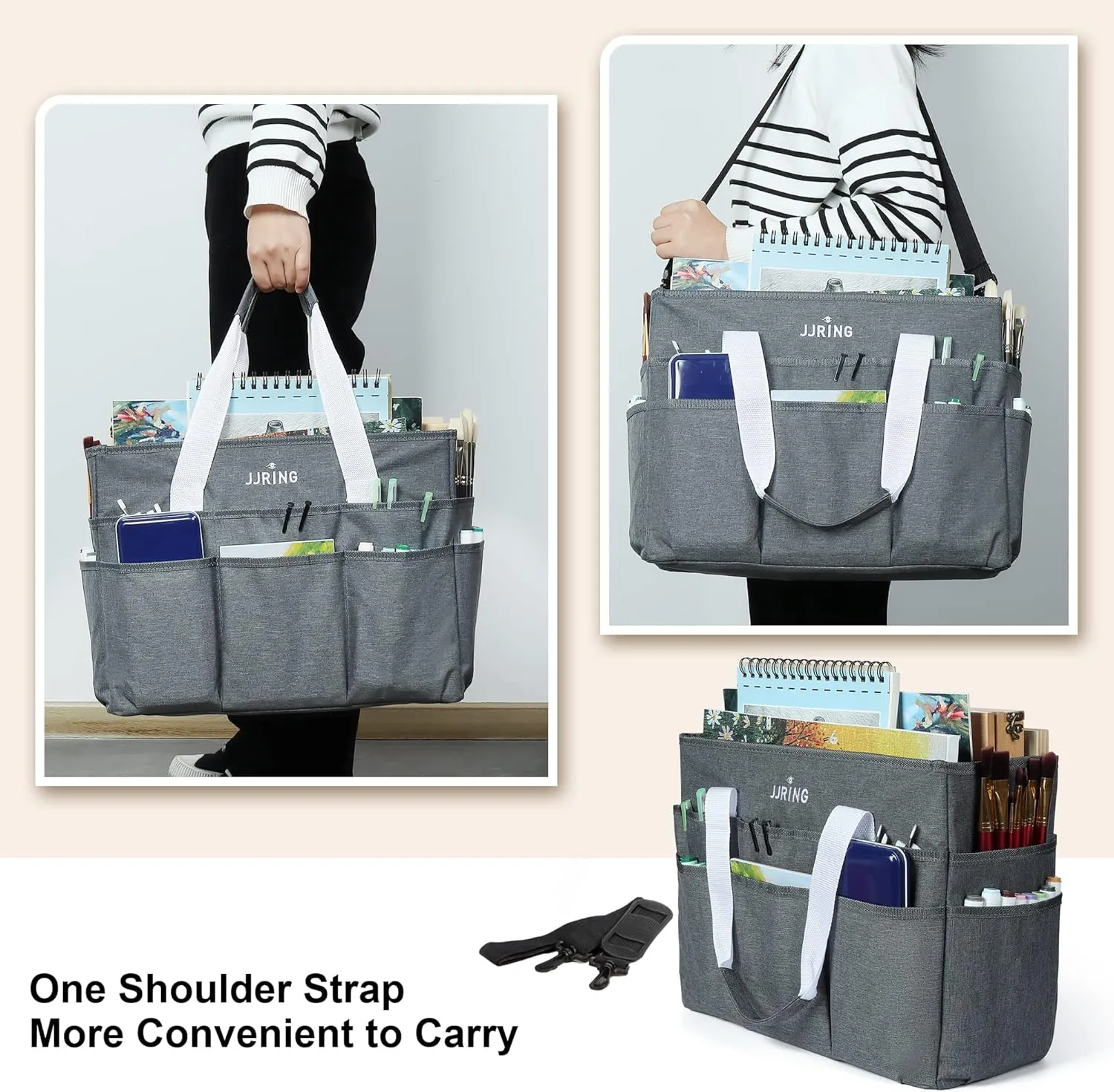 JJRING Craft Organizer Tote Bag, Large Art Storage Caddy with Multiple Pockets, Gray Sewing Bag for Art, Craft, Scrapbooking, School, Medical, and Office Supplies Storage