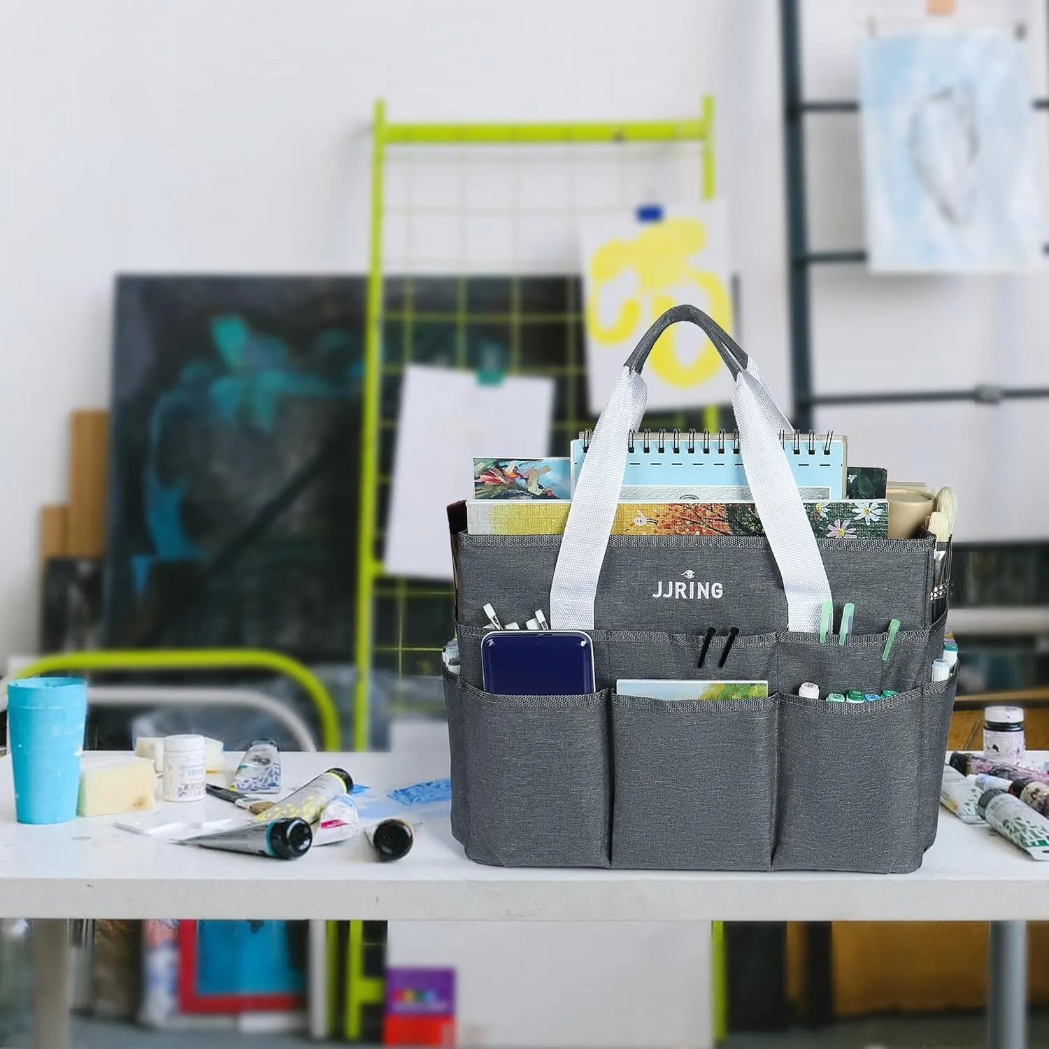 JJRING Craft Organizer Tote Bag, Large Art Storage Caddy with Multiple Pockets, Gray Sewing Bag for Art, Craft, Scrapbooking, School, Medical, and Office Supplies Storage