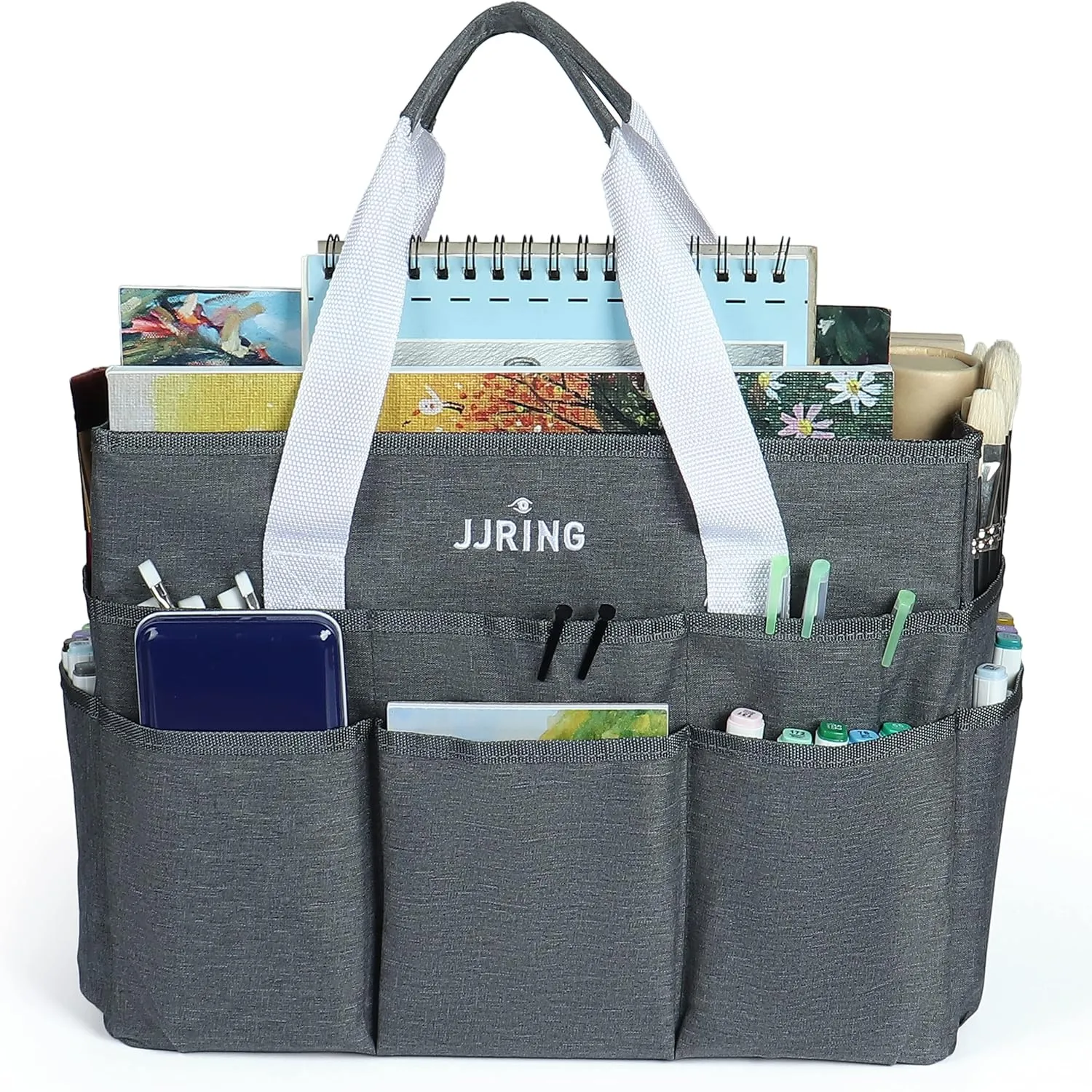 JJRING Craft Organizer Tote Bag, Large Art Storage Caddy with Multiple Pockets, Gray Sewing Bag for Art, Craft, Scrapbooking, School, Medical, and Office Supplies Storage