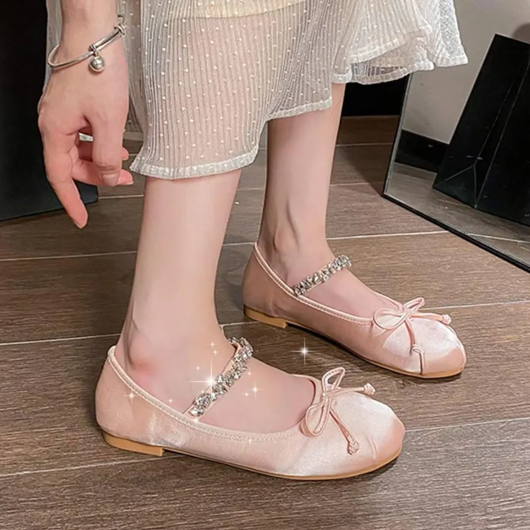 JOEupin Women's Pink Ballet Flats with Bow - Comfortable & Lightweight Shoes | Ballet Flats with Strap | Non-Slip Sole & Cushioned Arch Support Slip-On Shoes for Wedding/Work