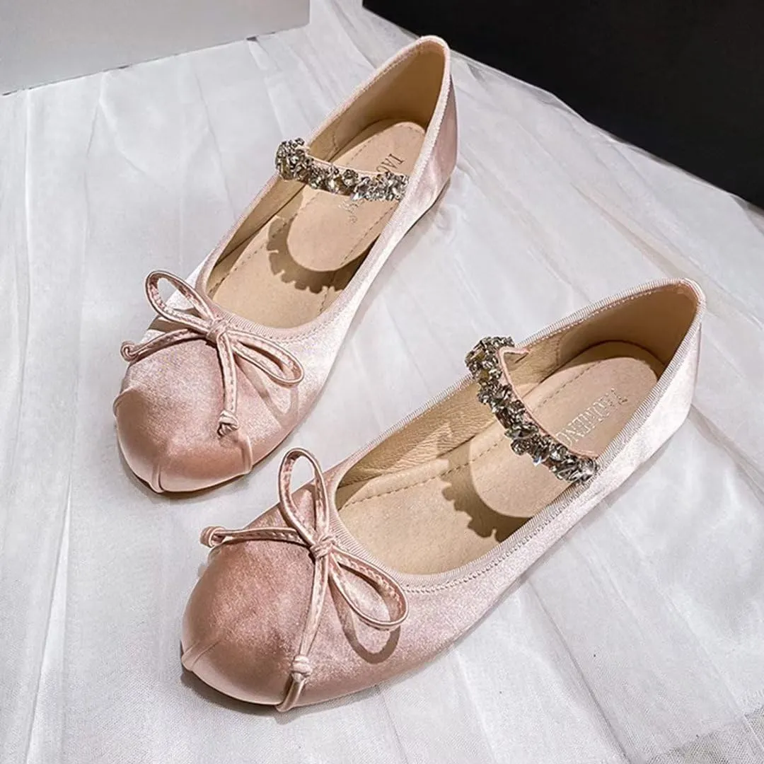 JOEupin Women's Pink Ballet Flats with Bow - Comfortable & Lightweight Shoes | Ballet Flats with Strap | Non-Slip Sole & Cushioned Arch Support Slip-On Shoes for Wedding/Work