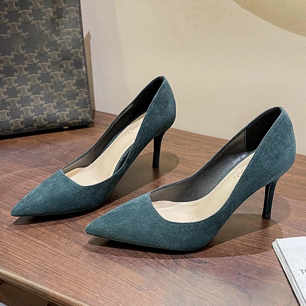 JOEupin Women's Pointed Toe Pumps Classic Suede Shoes Kitten Heel Slip On Dress Pumps 2.36 Inch