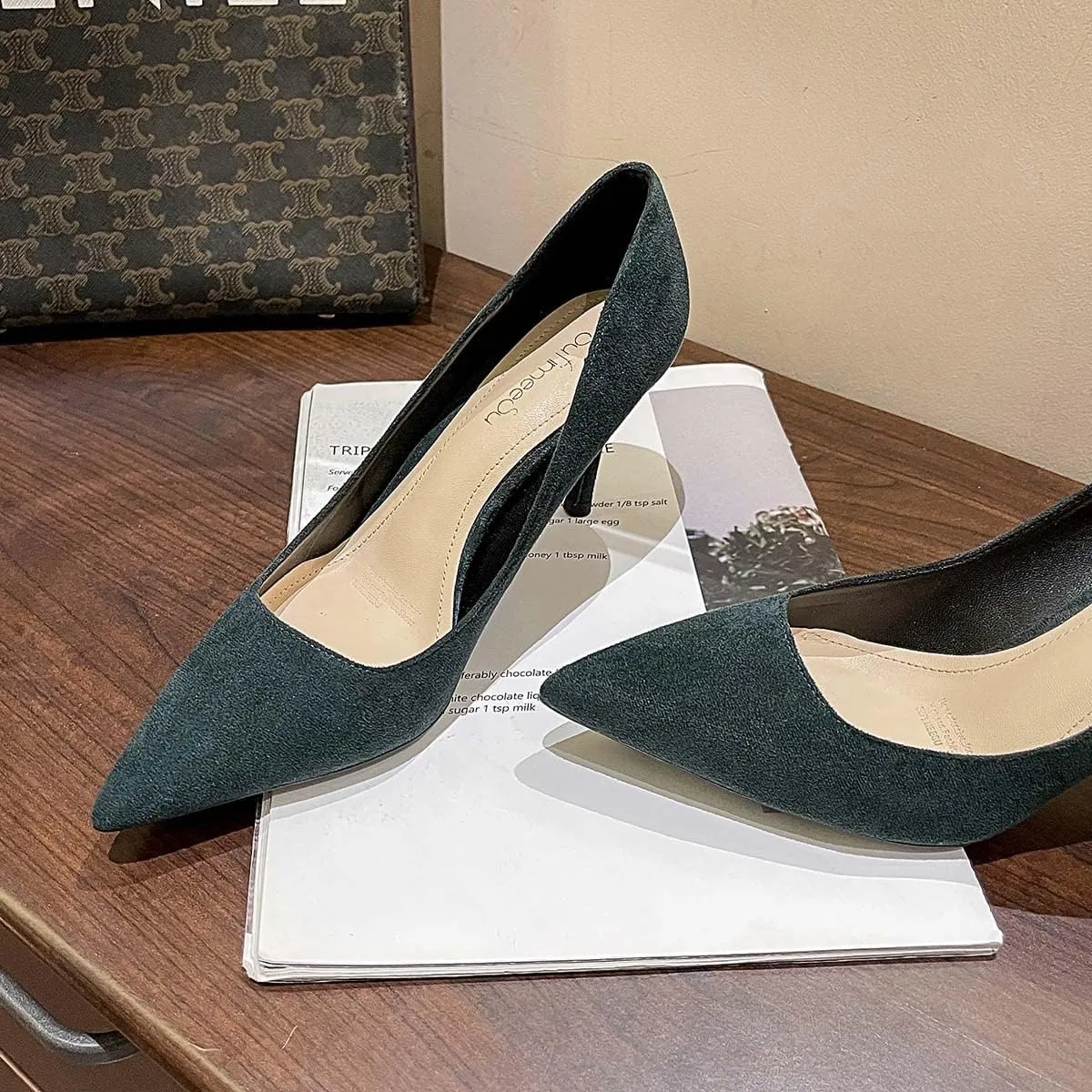 JOEupin Women's Pointed Toe Pumps Classic Suede Shoes Kitten Heel Slip On Dress Pumps 2.36 Inch